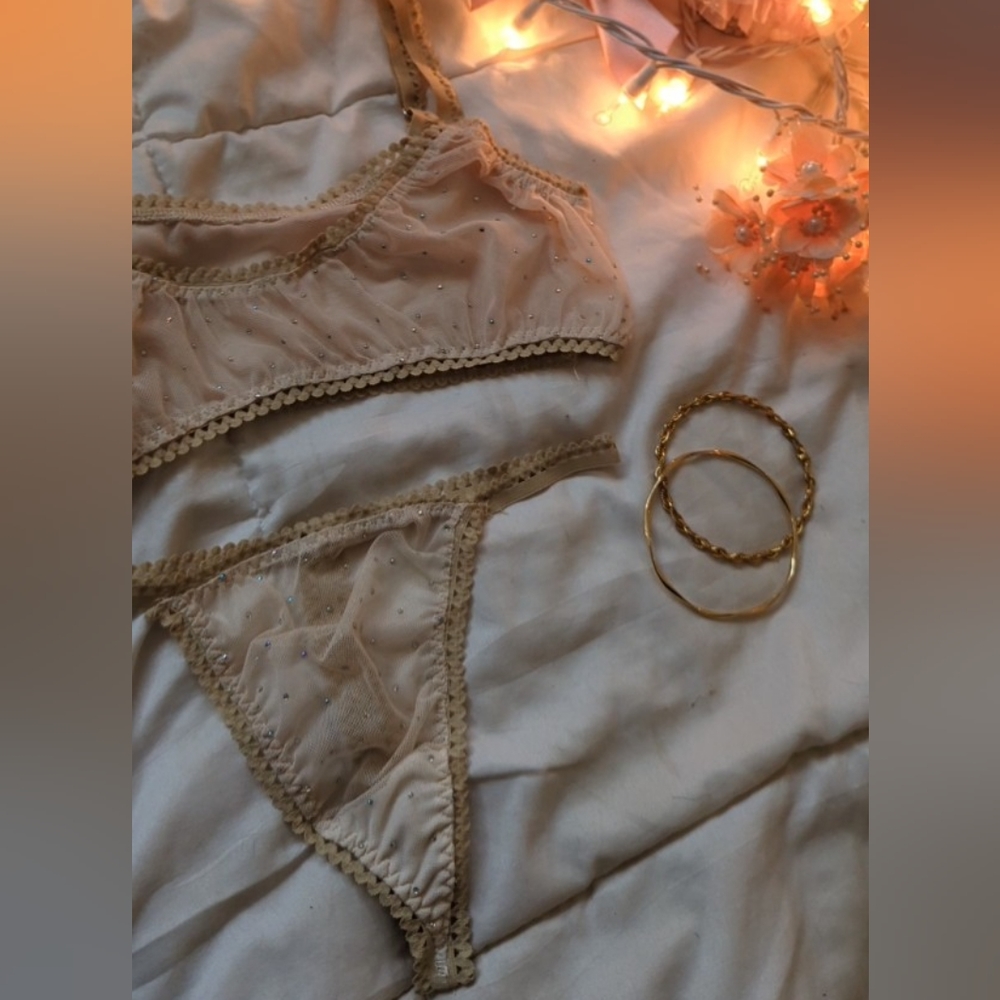 Handmade Glitter Bejeweled Mesh Set Bra and Panty